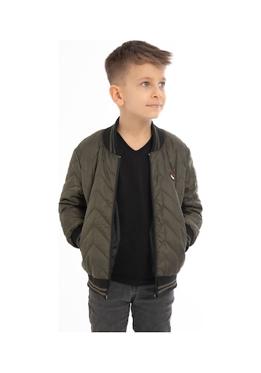 Erkek Çocuk Haki Kolej Yaka İçi Astarlı Su Ve Rüzgar Geçirmez Fermuarlı Cep Mont Haki