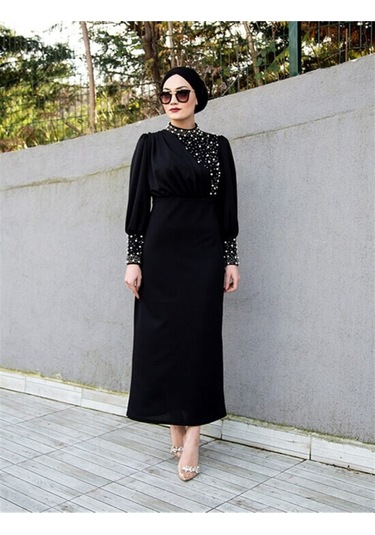 İnci Detaylı Özel Gün Elbisesi Siyah