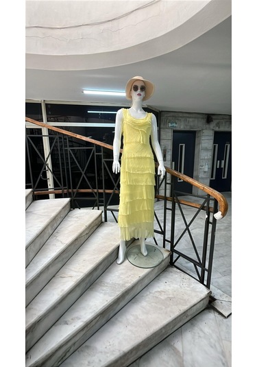 Italyan 2 Beden İnce Gösteren Kat Kat Sıfır Kol İpek Elbise-8769 Açık Sarı