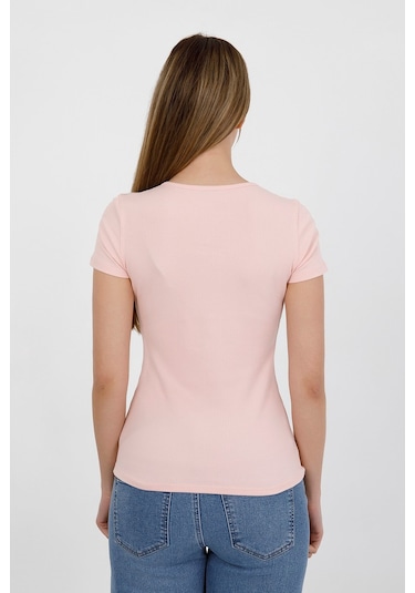 Hdm Kadın Esnek Fitilli Yakası Çıtçıtlı Pembe Kısa Kol Basic Örme Bluz - H5993