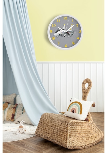 Jet Uçak Çizimli Modern Duvar Saati - 30cm - Önü Camlı Beyaz Kasa - Sessiz Mekanizma Beyaz