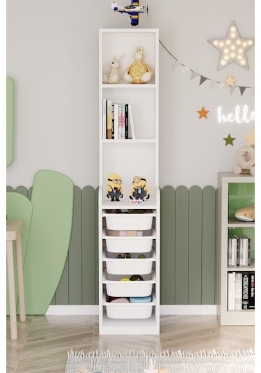 Bofigo 5 Sepetli 3 Raflı Dolap Çok Amaçlı Dolap Oyuncak Dolabı Derya Beyaz Beyaz