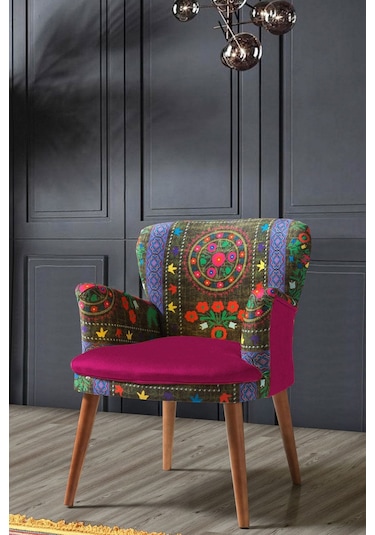 Kayser Home Berjer - Tekli Koltuk - Etnik Desen - Ahşap Ayak - Nubuk Kumaş - Fuşya Fuşya