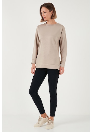 Lela Streç Oversize Fit Bisiklet Yaka Modal Kumaş Bayan Sweat 5865877 Taş