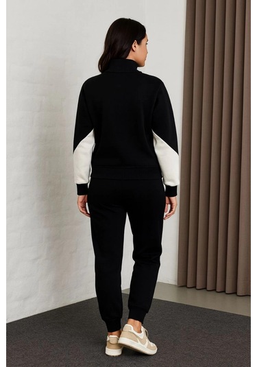 Kadın Premium Parçalı Eşofman Takım - Dik Yaka Fermuarlı Sweatshirt - Siyah Çok Renkli