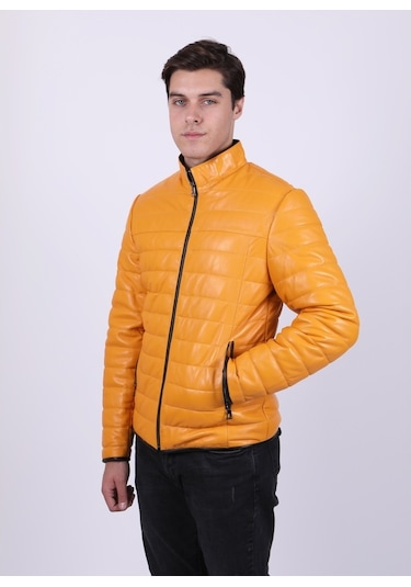 New Zaya Leather Erkek Şişme Sarı Deri Ceket Sarı