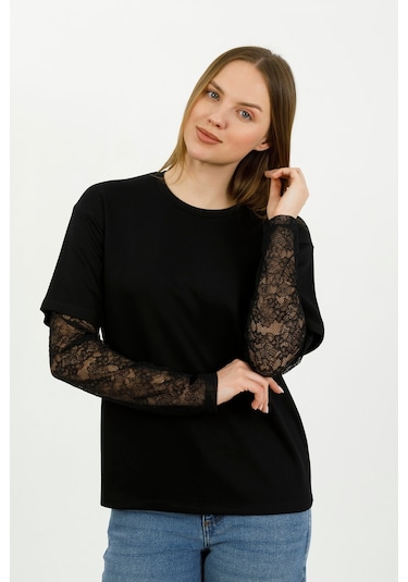 Hdm Kadın Siyah Kolu Dantelli Oversize Bisiklet Yaka Tişört - H6060