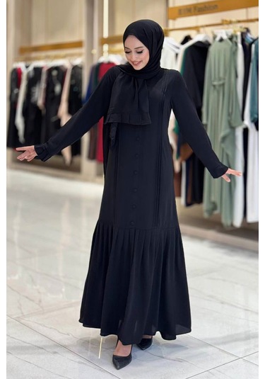 Pilise Detaylı Medine İpeği Elbise & Şal İkili Takım Siyah -