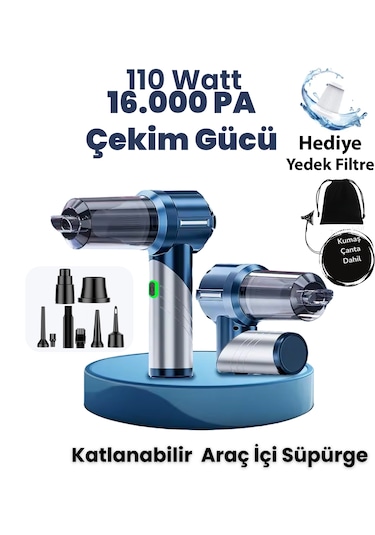 Yeni 16000pa Güçlü Portatif Vakumlu Ve Üflemeli Katlanabilir Araç Içi Süpürge Pro Hl-133 Mavi