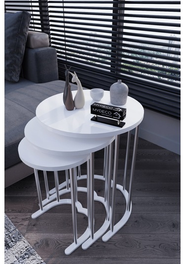 3' Lü Zigon Sehpa Gümüş Ayak Beyaz 18 Mm Mdf Gümüş