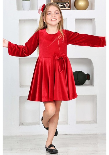 Kız Çocuk Kadife Elbise-içi Tüllü Ve Fiyonk Süslemeli 7-12 Yaş 12427 Kırmızı