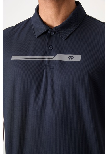 Lacivert Nefes Alan Dokulu İnce Esnek Standart Fit Polo Yaka Erkek Performans T-shirt - 88393 Lacivert