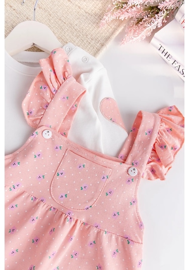 Çiçekli Fırfırlı 100% Pamuk 2'li Kız Bebek Salopet Tulum Set Somon