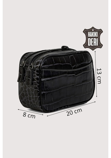 Hakiki Deri Kadın Çapraz Omuz Çantası Siyah Kroko Smr8975 Siyah Kroko
