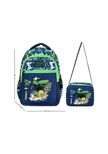 Waddell Lisanslı Lacivert - Yeşil Timsah Desenli Erkek Çocuk İlkokul Sırt Çantası Ve Beslenme Çantası