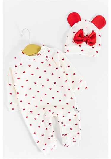 Kalp Desenli Şapkalı Kız Bebek Tulum 001