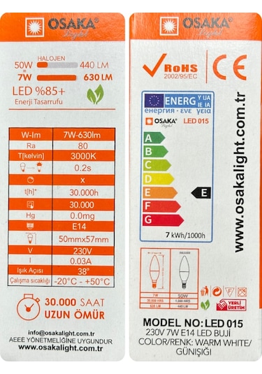 8 Adet Osaka 7w 50w Sarı Işık 3000k E14 Duylu İnce Duy Led Mum Ampul