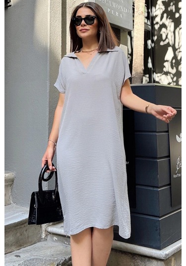 Grı Kısa Kol, Polo Yaka, Dokulu Kumaş, Basic Kalıp/kesim, Aerobin Rahat Midi Elbise Gri