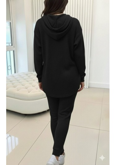 S-pazarım Kadın Uzun Kollu Kapşonlu Meloni Bluz Ve Pantolon Ikili Takım Siyah