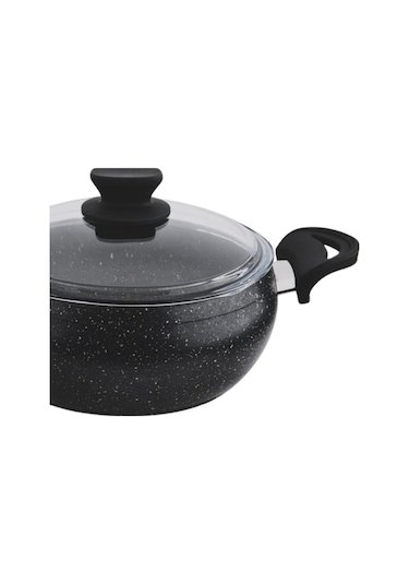 Granit Pro 28 Cm Derin Granit Güveç Tencere Siyah Bakalit Saplı Cam Kapaklı Yapışmaz