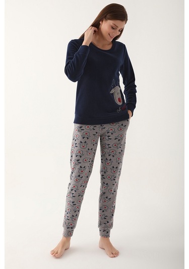 Arnetta Oh Deer Lacivert Kadın Uzun Kol Pijama Takım