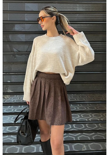 Bej Bisiklet Yaka Oversize Triko Kazak Mg1972 Bej