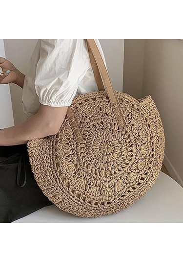 Novahub Bej Kadın Plaj Çantası, Hasır Omuz Çantası, 40x43cm, Tasarımcı Çiçek Desenli, Boş İç, Yogodlns, Omuz Çantası Bej