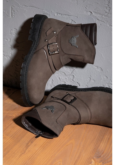 Ducavelli Rock Hakiki Deri Erkek Bağcıksız Kürklü Postal Bot, Harley Bot Kahve Nubuk