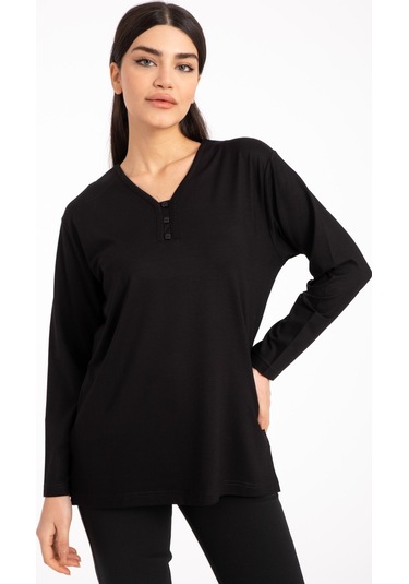 Kadın Orta Yaş ve Üzeri Dört Mevsim V Yaka Rahat Kalıp Likralı Viskoz Anne Penye Bluz 140-Siyah