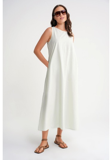 4690 Kadın Bisiklet Yaka Sıfır Kol Midi Paraşüt Elbise Adaçayı Adaçayı