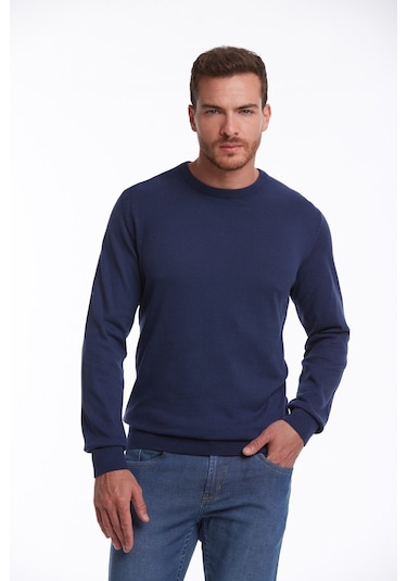 Hatemoğlu Erkek Regular Fit Pamuk Bisiklet Yaka Triko Kazak İndigo