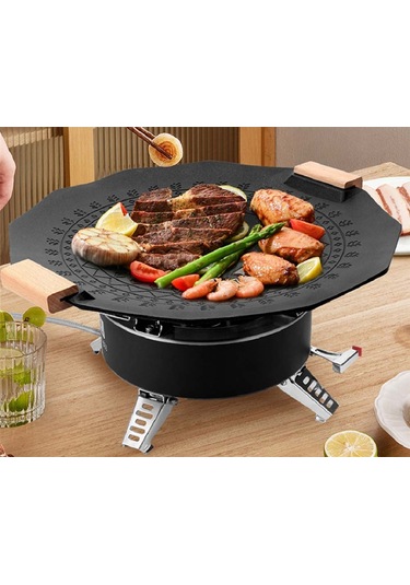 Xurunkeji Açık Hava Taşınabilir Kamp Altıgen Maifan Taş Yapışmaz Dumansız İndüksiyonlu Ocak Gazlı Çift Amaçlı Barbekü Plakası Siyah