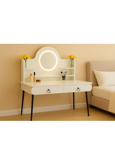 Vella Modern Led Işıklı Oval Makyaj Masası Raflı Ve Çekmeceli Beyaz