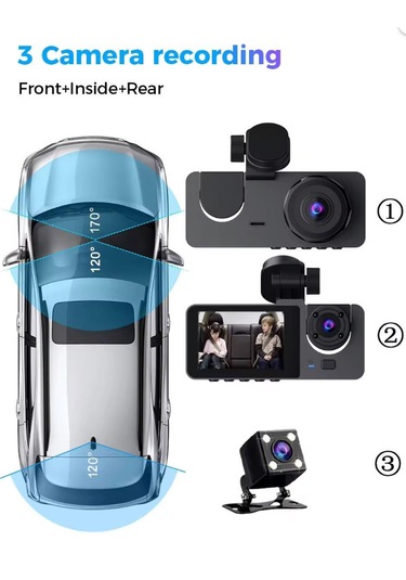 Araç İçi Kayıt Cihazı Ön + İç + Arka Kamera Geniş Açı Ve Hd Görüntü Mobil Uygulama Destekli