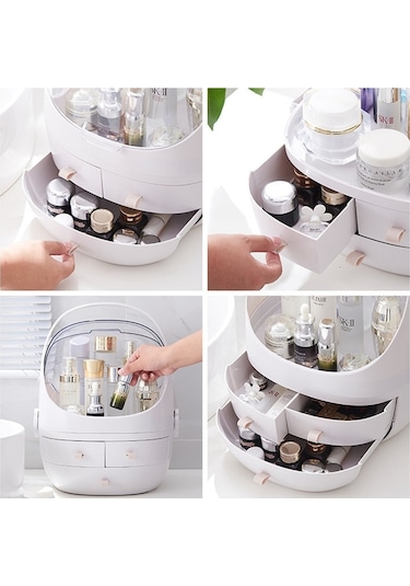 Sones Taşınabilir Toz Geçirmez Şeffaf Yuvarlak Kozmetik Çekmece Tipi Saklama Kutusu Küçük İnci Beyazı