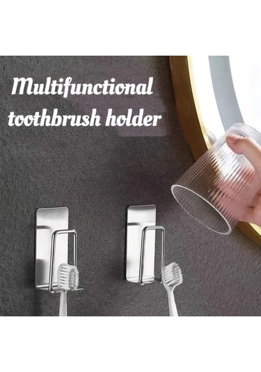 Cordial 2'li Paslanmaz Çelik Diş Fırçası Askısı - Vidalısız Montaj, Banyo Aksesuarı Gümüşi