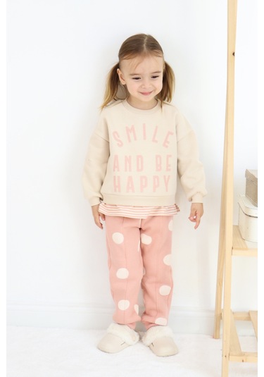 Kız Çocuk Smile And Happy Baskılı Kalın Eşofman Takımı Ekru