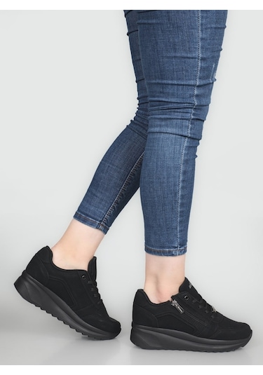 Konfores 1662 Anatomik Tabanlı Fermuarlı Bayan Sneakers Siyah Nubuk Siyah