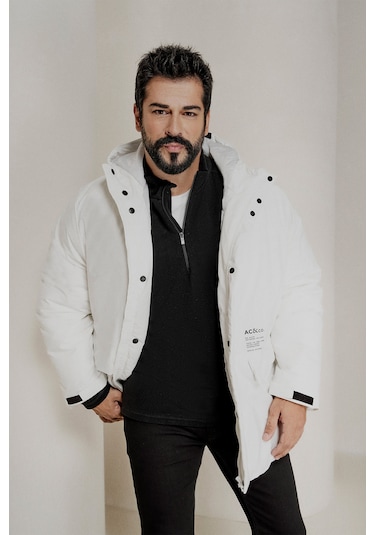 Ac&Co / Altınyıldız Classics Erkek Beyaz Kapüşonlu Dik Yaka Standart Fit Kaban Beyaz