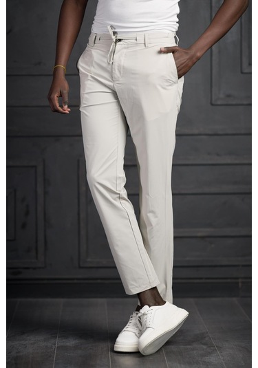 Beli Lastikli Ve İplikli Likralı Yazlık İnce Paraşüt Kumaş Jogger Pantolon Krem