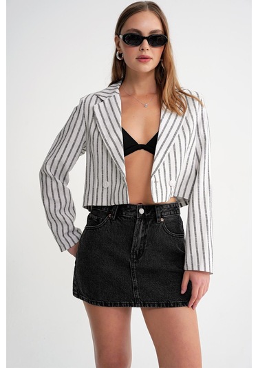 4641 Kadın Keten Çizgili Crop Ceket Siyah Siyah