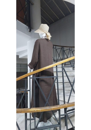 İtalyan V Yaka Uzun Kol Keten Elbise-8907 Koyu Kahve