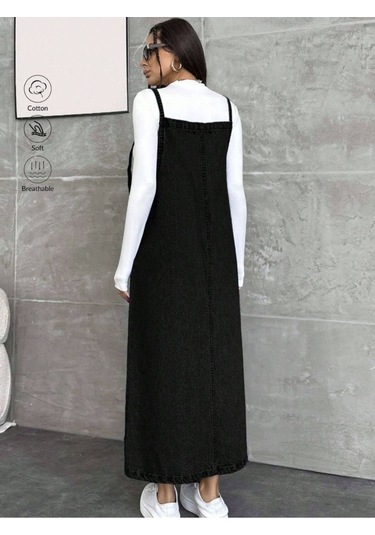 Shevega Kadın Uzun Siyah Bahçivan Askili Elbise Siyah