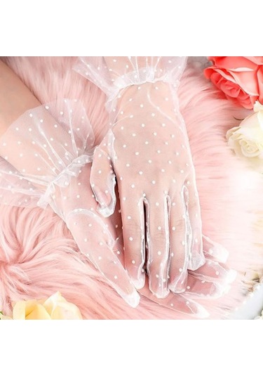 Güpürlü Tüllü Puantiyeli Şeffaf Parti Kostüm Kına Düğün & Gelin Eldiveni Beyaz Çok Renkli
