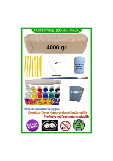 Seramik Hamuru 4000 Gr, 7li Plastik Ebeşuar Modelaj Seti , Kesme Teli-ipi, Guaj, Doğal Kil Çamuru