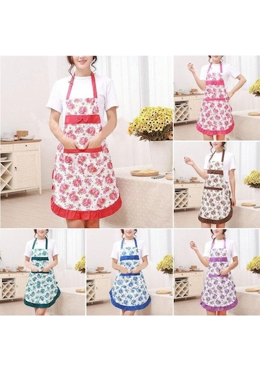 Kadın Önlüğü Rahat Aşçı Şef Çiçek Cep Mutfak Restoran Prenses Önlüğü 9