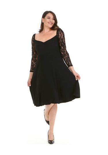 Kare Yaka Kolları Dantelli Elbise-1480 Siyah
