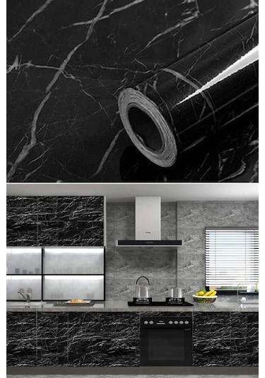 Mermer Desenli Masa Tezgah Mutfak Su Geçirmez Yapışkanlı Folyo Sticker Siyah 5x0,6m Diğer