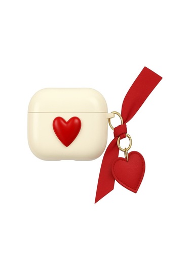 Apple Airpods 3. Nesil İle Uyumlu Kılıf Kalp Leopar Taş Kiraz Desenli Fiyok Tutmalı Kılıflar Kırmızı