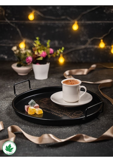 Lin Metal 24cm Yuvarlak Tel Kulplu Tepsi Kaktüs Baskılı - Siyah